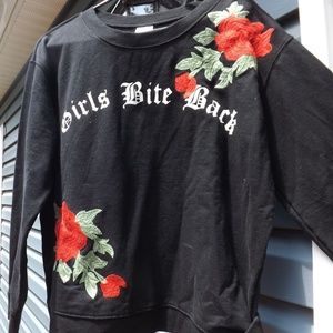 Girls Bite Back black with red embroidered flowers